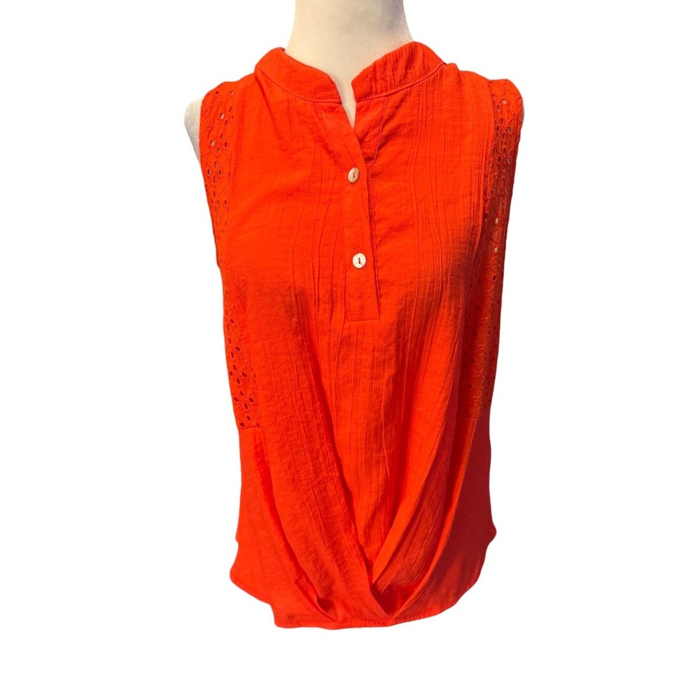 NY Collection Orange Red Eyelet Lace Sleeveless Crossover Blouse RJU0508 Small